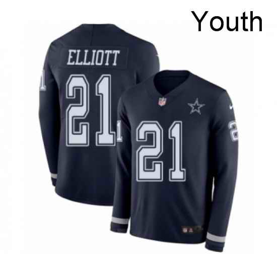 Youth Nike Dallas Cowboys 21 Ezekiel Elliott Limited Navy Blue Therma Long Sleeve NFL Jersey